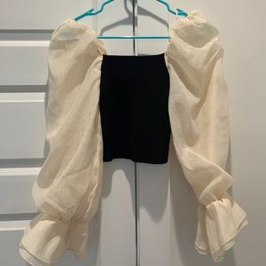 Zara Black & Cream Puff Sleeve Blouse NWT